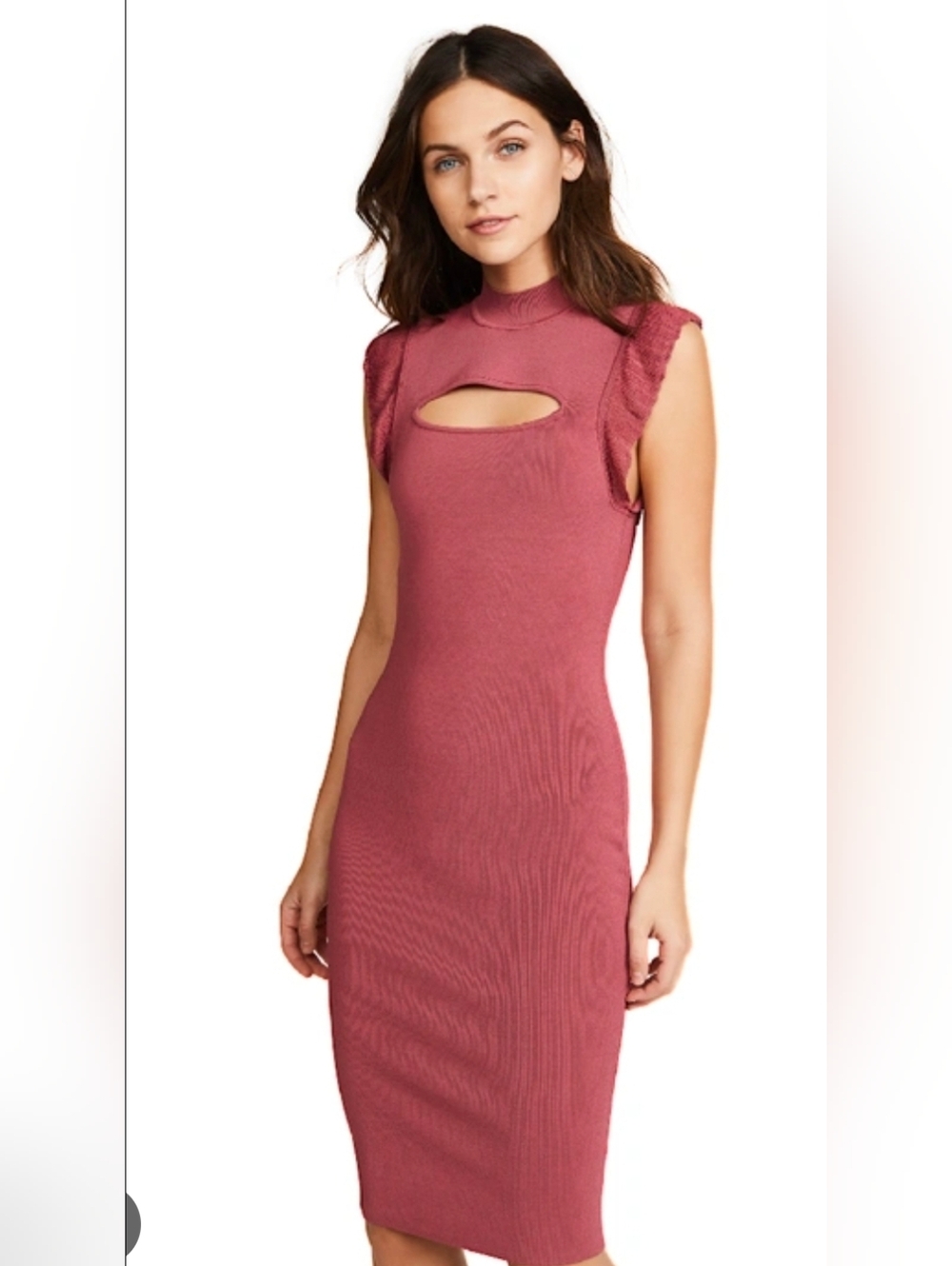 Bailey 44 Bewitched Ruffle Trim Rose-Pink Cutout Knit Midi Dress